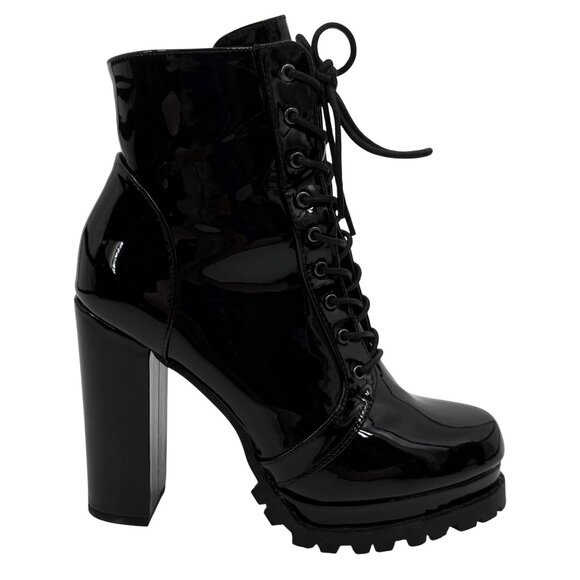 Black Faux Patent Leather Lug Sole Edgy Sexy Baddie Platform Heel Boots 10 - Picture 8 of 16
